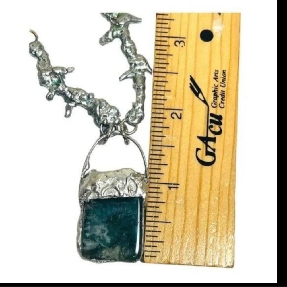 Moss Agate Pendant & Thorn Necklace Crafted w/ Silver Blend Brutalist Metalwork